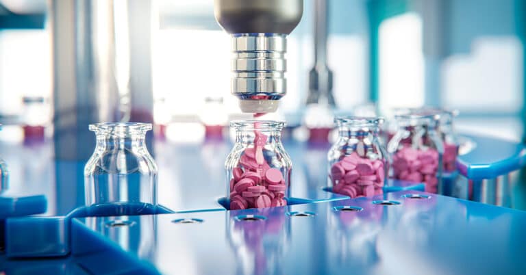 Jar filling with red tablets on a packaging line in a pharmaceutical factory.