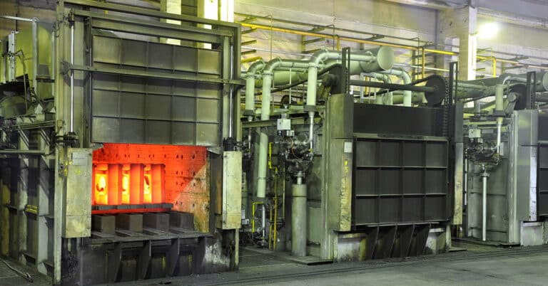 Production of metal components in a foundry. Equipment and architecture of a factory Interior.