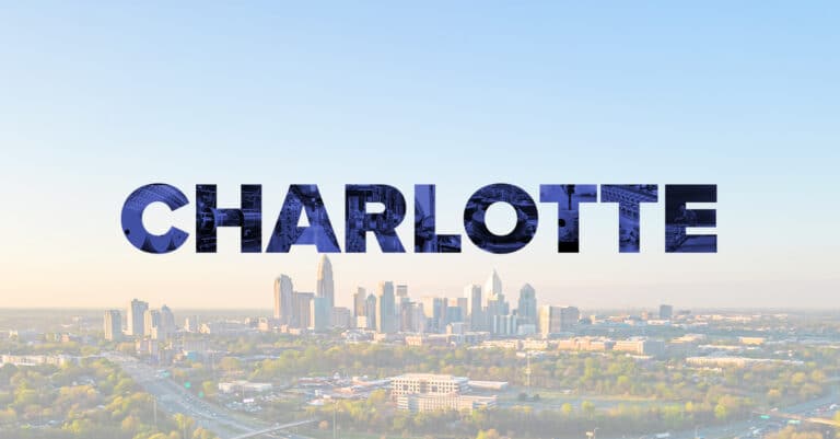 Graphic of Charlotte skyline and with industrial manufacturing images within Charlotte copy.