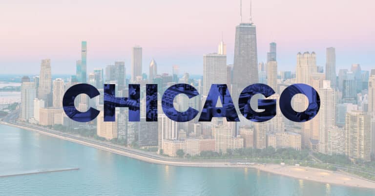 Graphic of Chicago skyline and with industrial manufacturing images within Chicago copy.