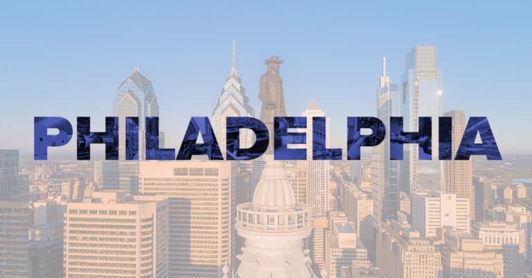 Graphic of Philadelphia skyline and with industrial manufacturing images within Philadelphia copy.